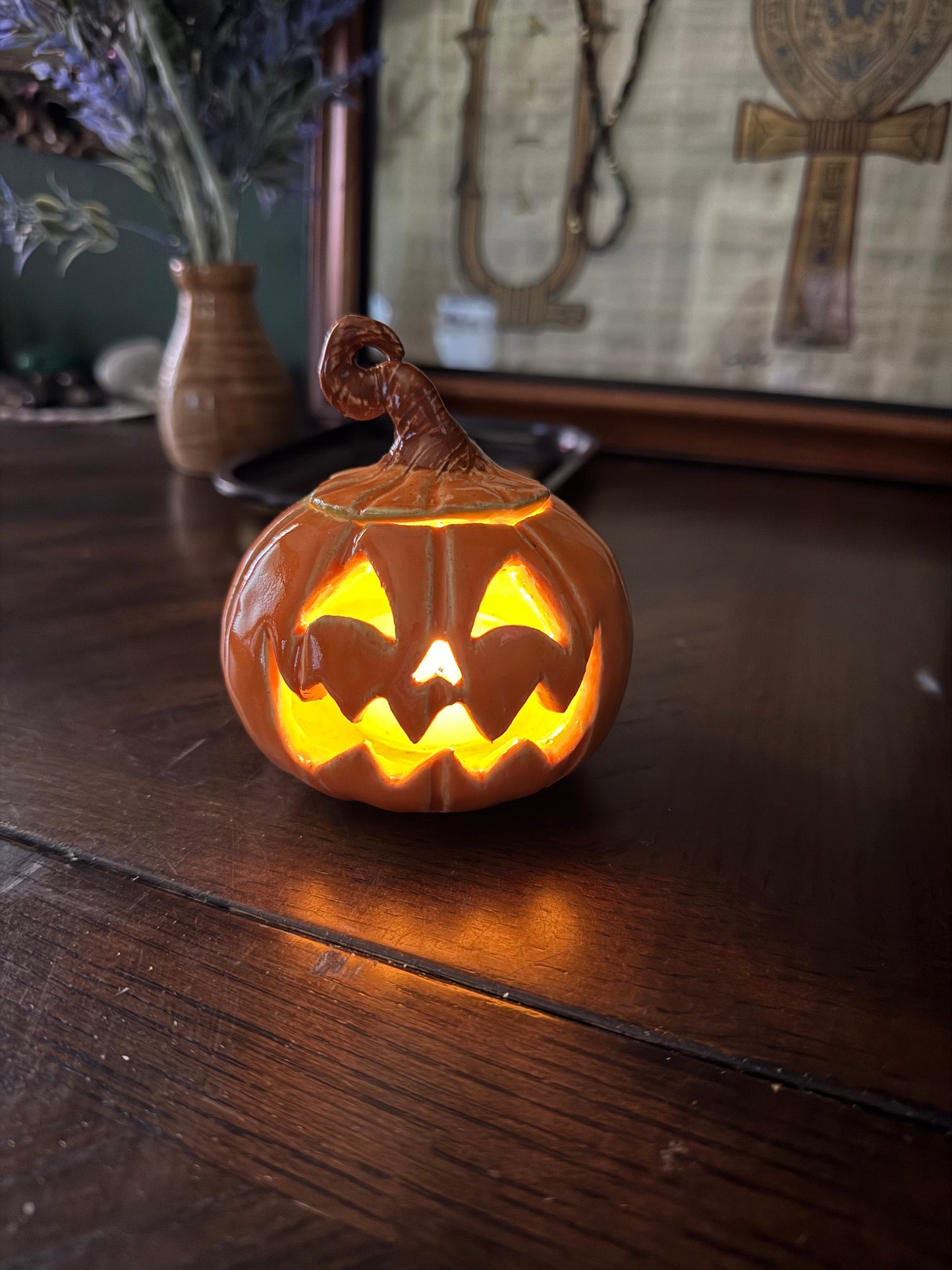 Ceramic Pumpkin Jack-o-lantern Tea Light Holder