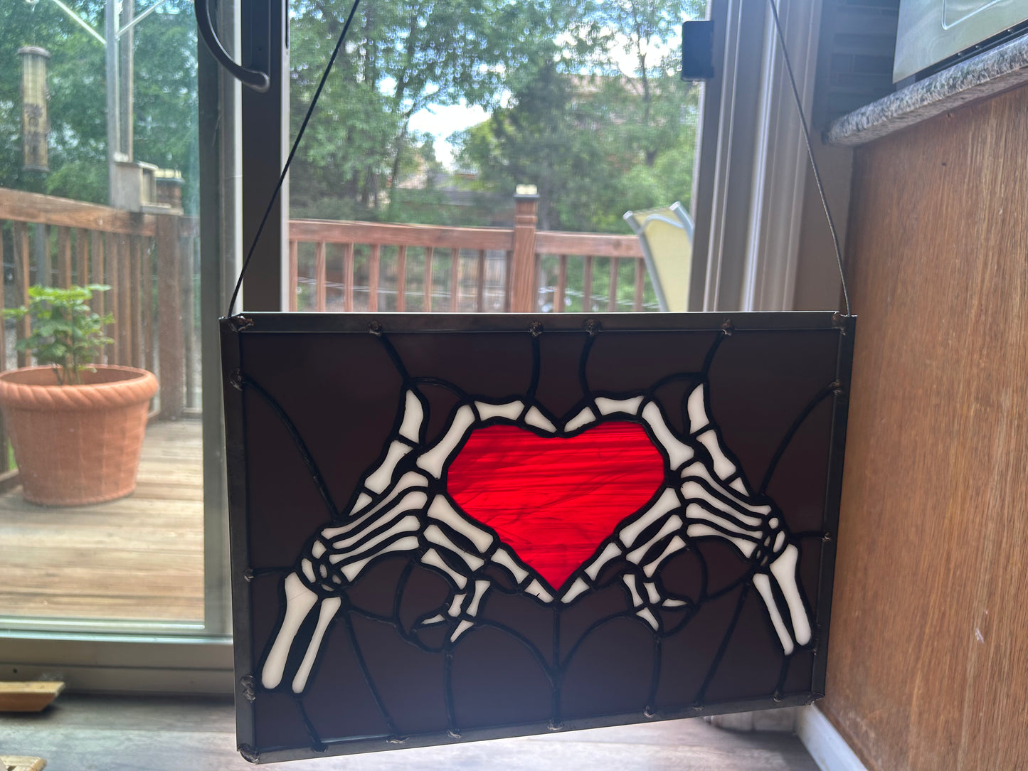 Skeleton Heart Hands Stained Glass Panel