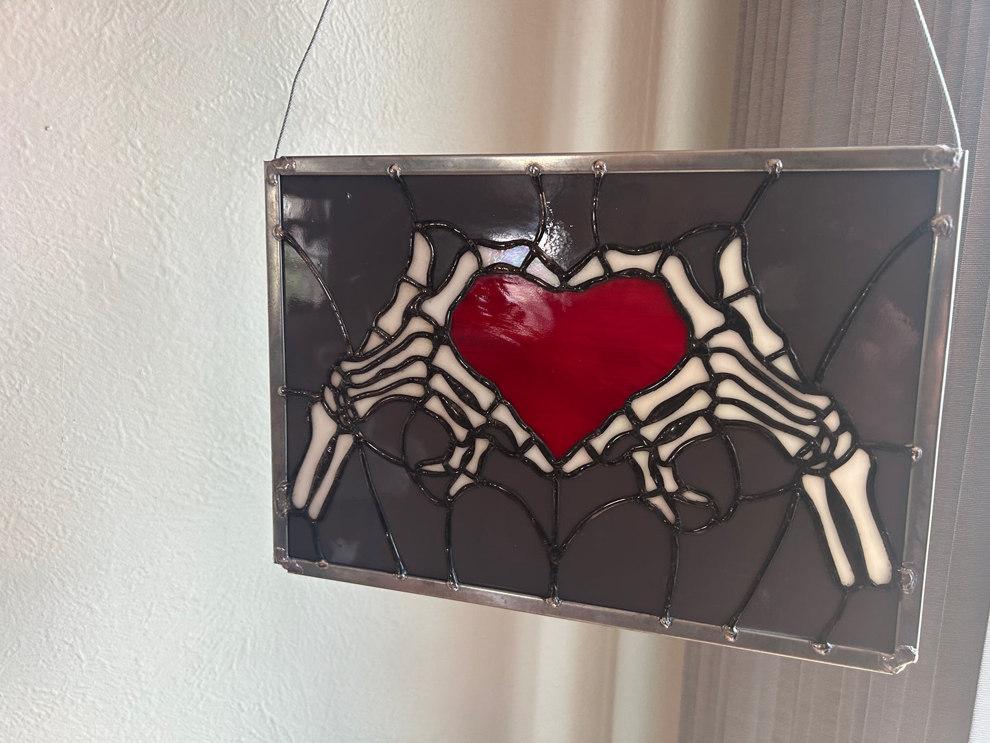 Skeleton Heart Hands Stained Glass Panel