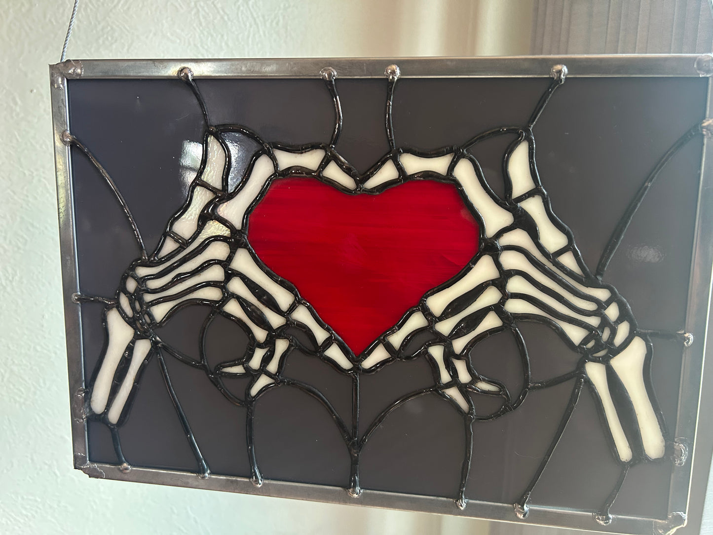 Skeleton Heart Hands Stained Glass Panel