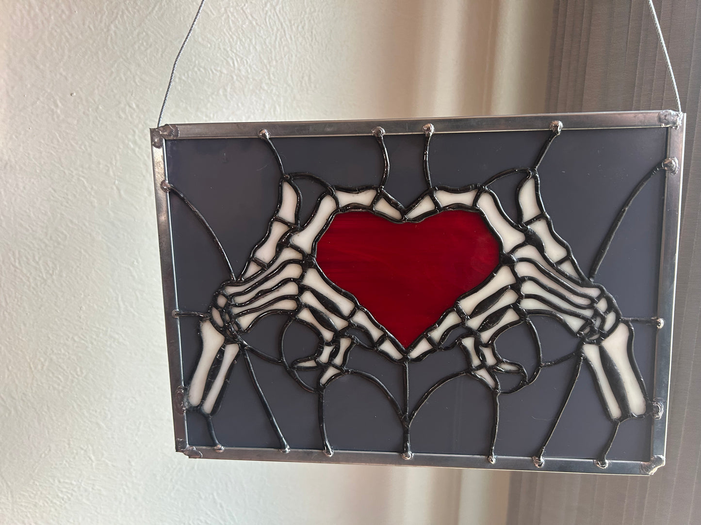 Skeleton Heart Hands Stained Glass Panel