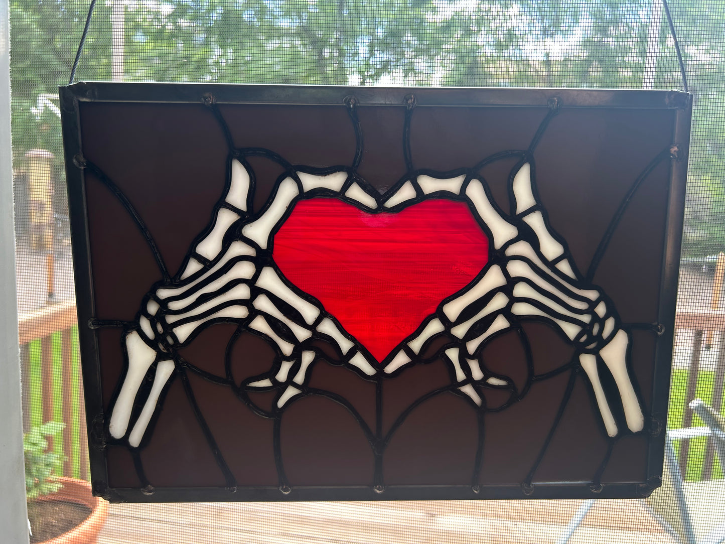 Skeleton Heart Hands Stained Glass Panel
