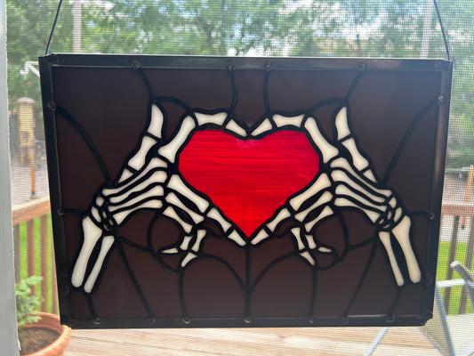 Skeleton Heart Hands Stained Glass Panel