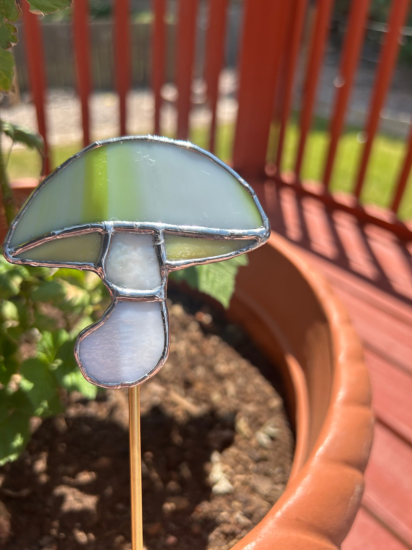 Stained Glass Trippy Green Mushroom Garden Stake