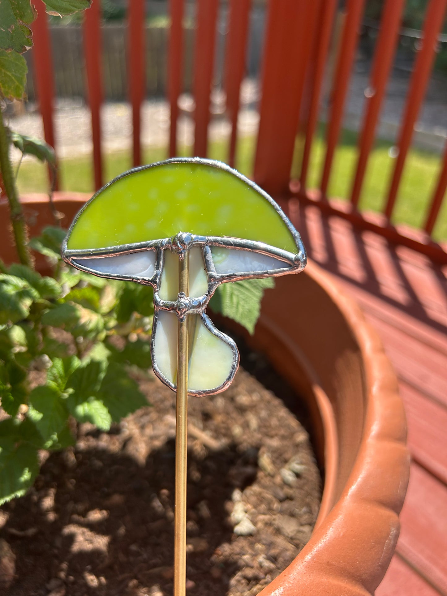 Stained Glass Trippy Green Mushroom Garden Stake